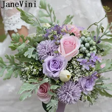 JaneVini Macaron цвет Свадебный Флер невесты Букет Свадебные цветы Лаванда Фиолетовый Румяна Розовые розы Искусственные Свадебные букеты