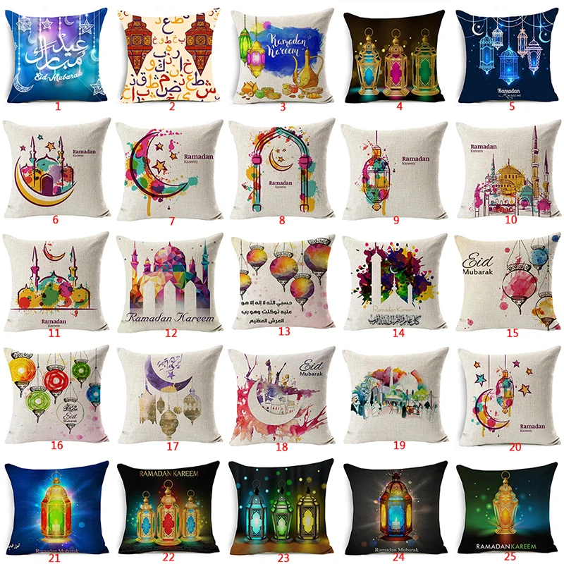 

43X43cm Ramadan Kareem Home Sofa Decoration Cushion Cover Cotton Linen Islam Eid Mubarak Pillow Cover Watercolor Pillow Case