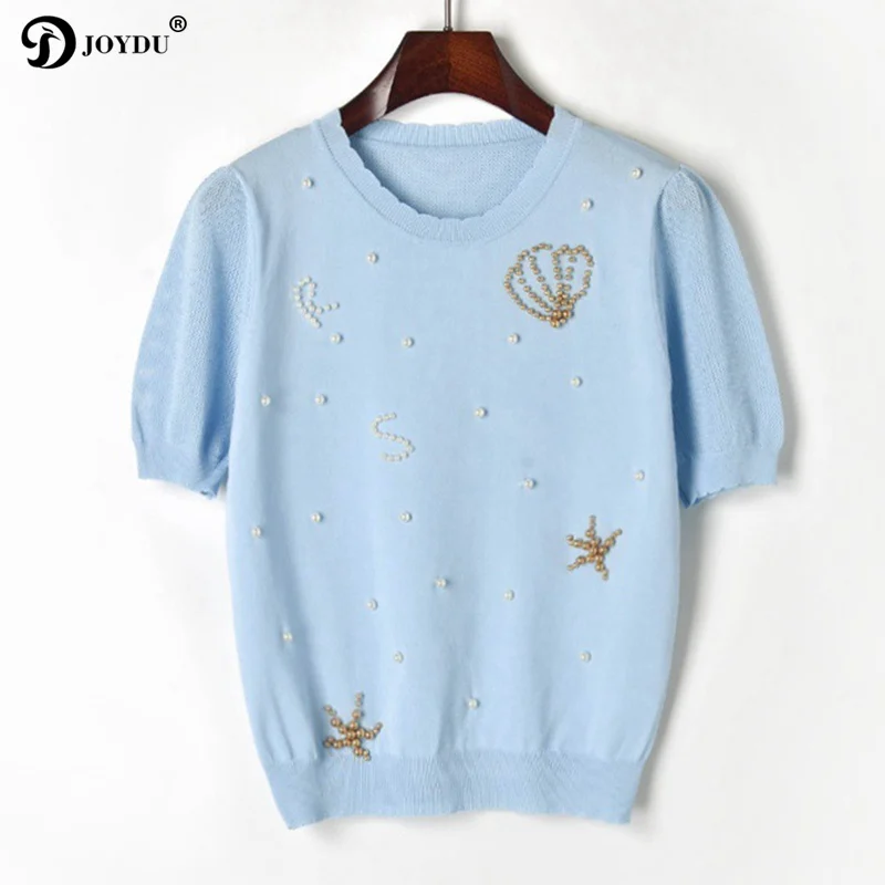 

JOYDU Runway Knitted tshirt 2019 Pearls Embroidery Hollow Out Knitted T-shirts Women O-neck Short Sleeve Top Cute Summer T-shirt