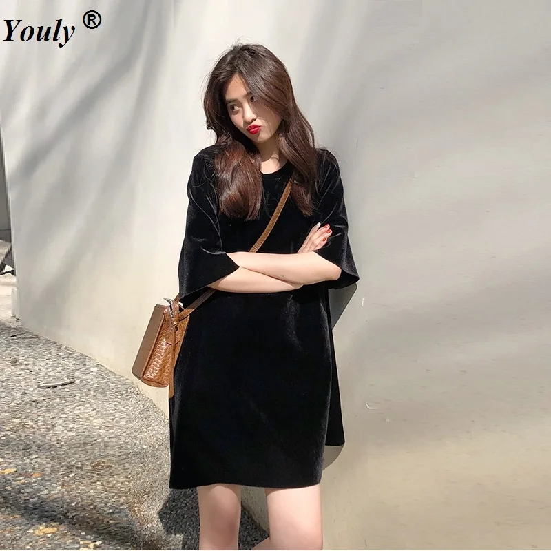 

Summer Women Sexy Velve Party Mini Dresses 2019 Casual Loose Velvet Dress Bright Face Dress Solid Short Sleeve Plus Size Vestido