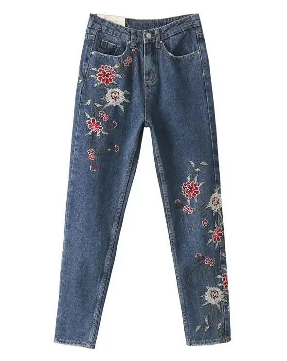 

2017 Women Jeans Slim Floral Embroidered Jeans Women's Fashion Denim High Waist Flower Embroidery Skinny Pants
