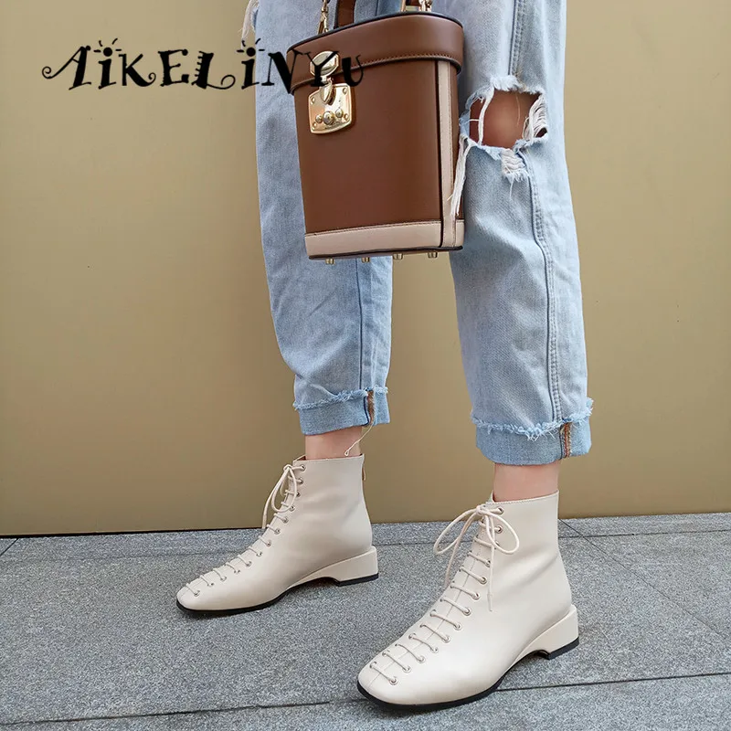 

AIKELINYU British Style Lace Up Genuine Leather Solid New Fashion Sexy Girls Square Toe Med Thick Heels Cross-tied Mid-calf Boot