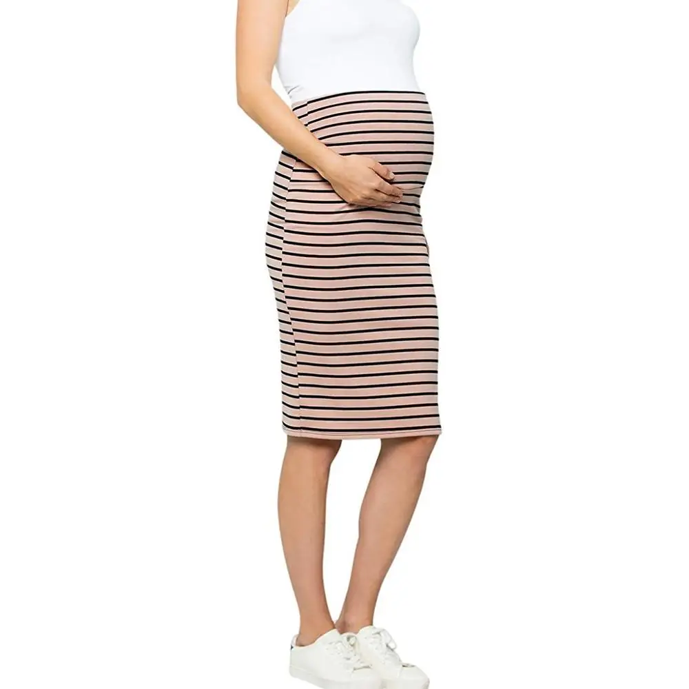 Летняя модная женская юбка, юбка для беременных из смесового хлопка, удобная юбка-карандаш в полоску с высокой талией и контролем живота - Цвет: pink