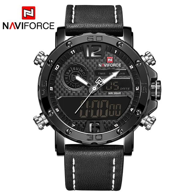 NAVIFORCE мужские часы от роскошного бренда мужские кожаные спортивные часы мужские кварцевые светодиодный цифровые часы водонепроницаемые военные наручные часы - Цвет: NF9134BWB