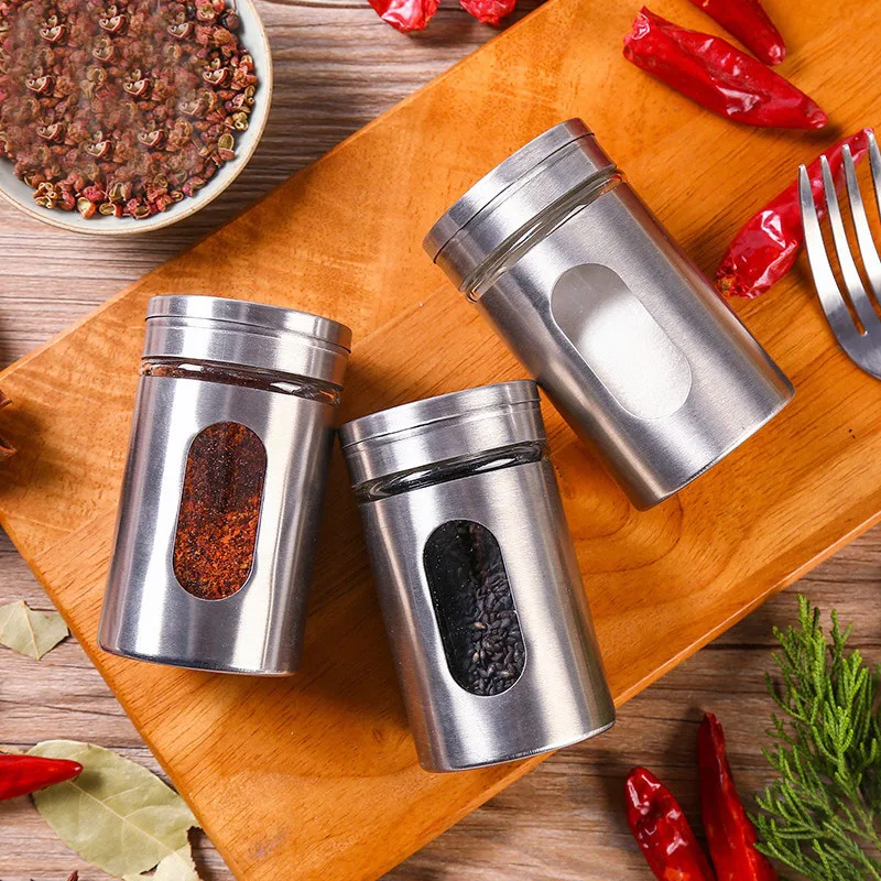 304Stainless steel Glass Spice Storage Bottles Spice Shaker Jars BBQ