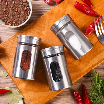 

304Stainless steel Glass Spice Storage Bottles Spice Shaker Jars BBQ Cooking Seasoning Herbs Container Tin Kitchen Accessories