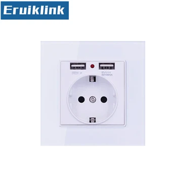

13A round hole with 2 USB chargering phone useful French standard socket,Crystal Glass Panel Outlet 2.1A Dual USB Charger Port