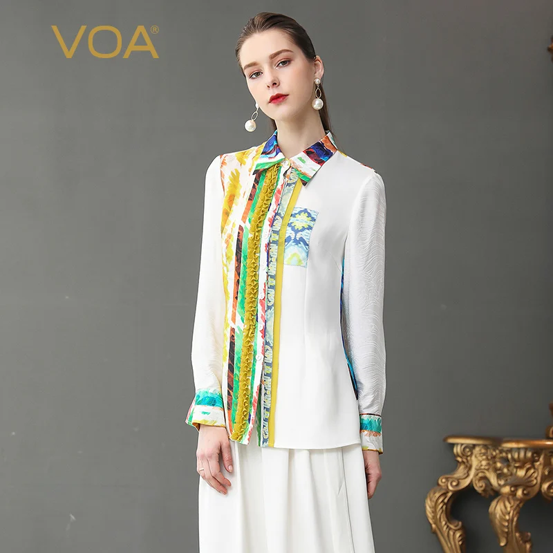 

VOA White Shirt Women Tops Silk Blouse Office Plus Size 5XL Basic Formal Print Ruffle Casual Spring Long Sleeve Casual B375
