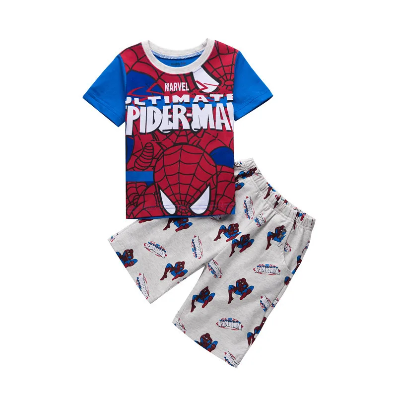 Детские пижамные комплекты Одежда для маленьких мальчиков и девочек милые пижамы с рисунком снов для маленьких мальчиков, хлопковая футболка с короткими рукавами и рисунком+ штаны комплекты из 2 предметов - Цвет: Spider Man 0100