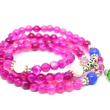 Ярко-розовый натуральный агат серебряный Будда 108 молитва Бусины Мала Браслет Ювелирные изделия с драгоценными камнями