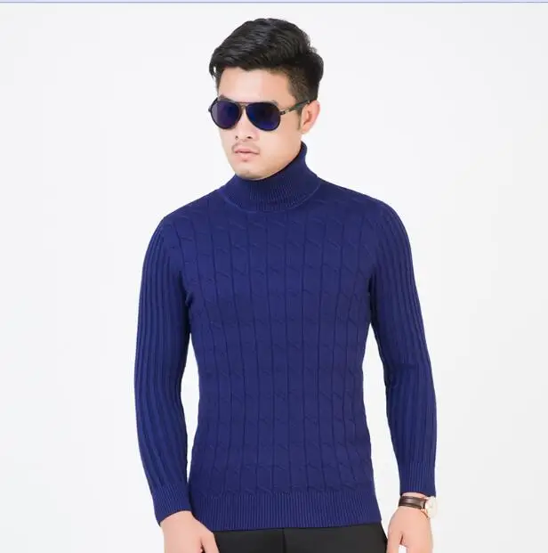 Высокое качество Новое поступление мужская зимняя водолазка свитер сплошной цвет высокий воротник толстый свитер - Цвет: Синий