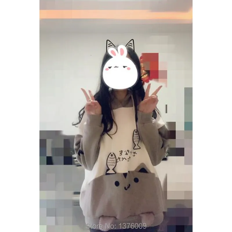Neko Atsume толстовка милый кот задний двор Kawaii кошачьи уши теплые толстовки Japanease