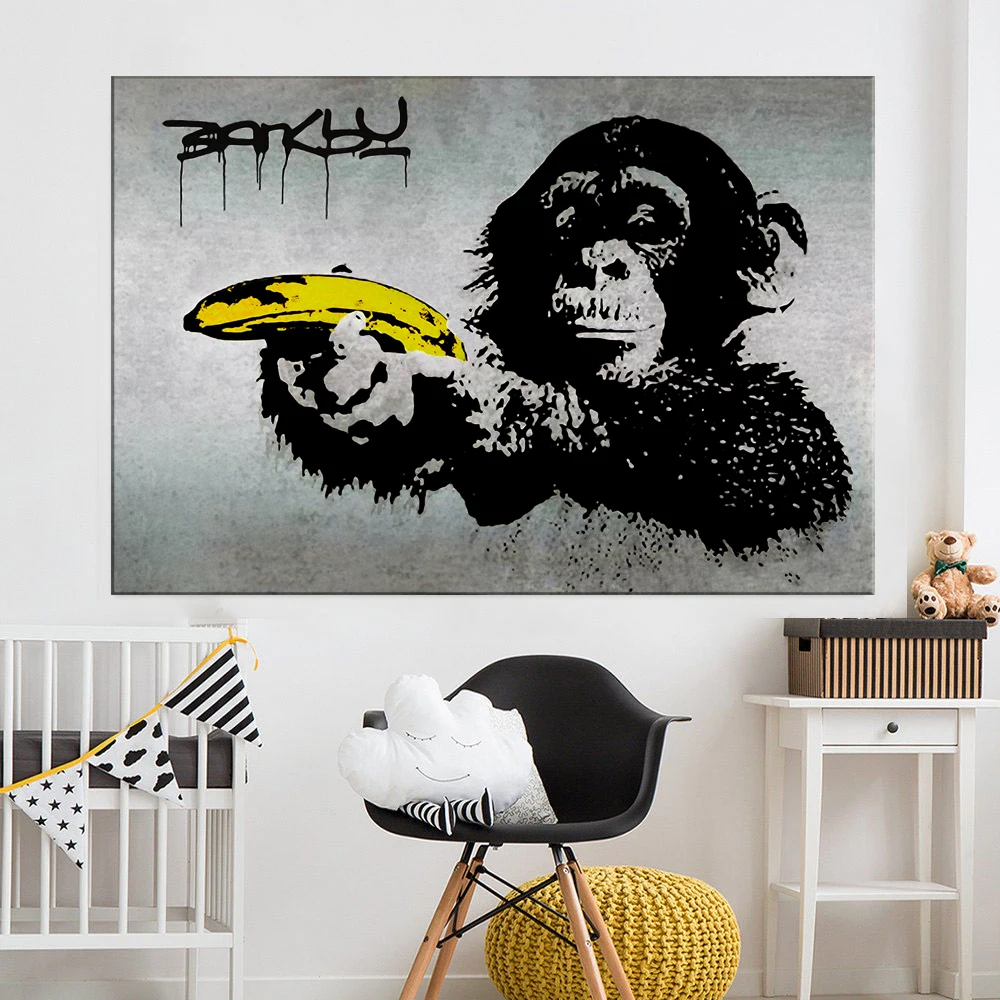 Холст Искусство Бэнкси Граффити живопись шимпанзе Холдинг банан настенные картины для гостиной домашний декор с принтом