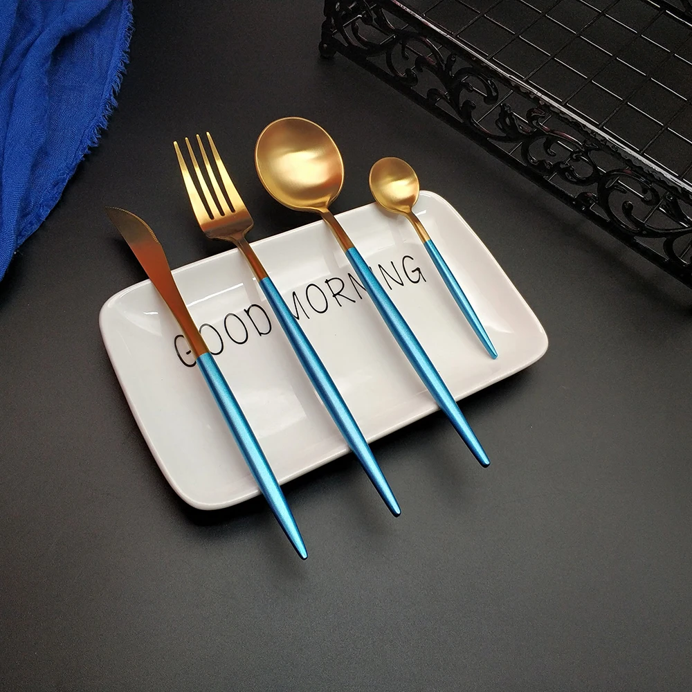 

Hot Sale 4pcs Lightblue Gold Western Cutlery Dinnerware Kitchen 304 Stainless steel Knife Fork Spoon Food Tableware Flatware Set