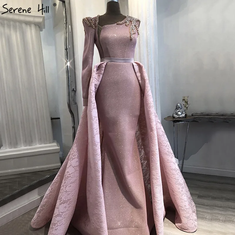 

Dubai Design Pink One Shoulder Prom Dresses Vintage Pearls Mermaid Sexy Prom Gowns 2019 Real Photo BLA60929