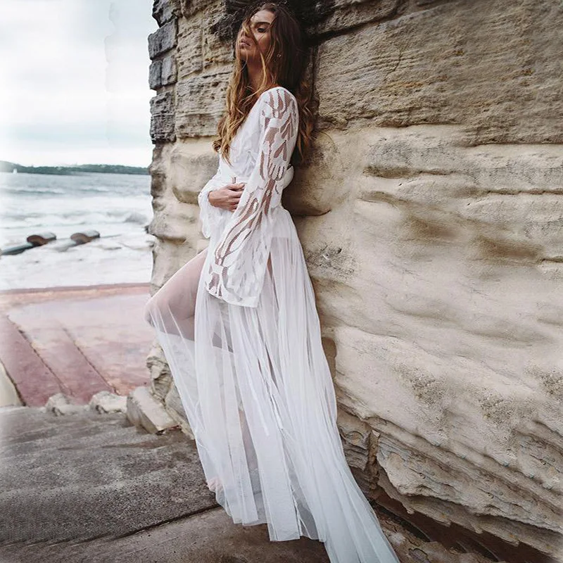 Пляжная одежда для женщин Женская Туника накидка на купальник белая юбка кружевное платье с вышивкой цветочный ацетат