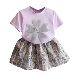 Детская модная футболка с короткими рукавами и цветочным принтом + платье; летняя кружевная одежда принцессы с цветочным принтом для
