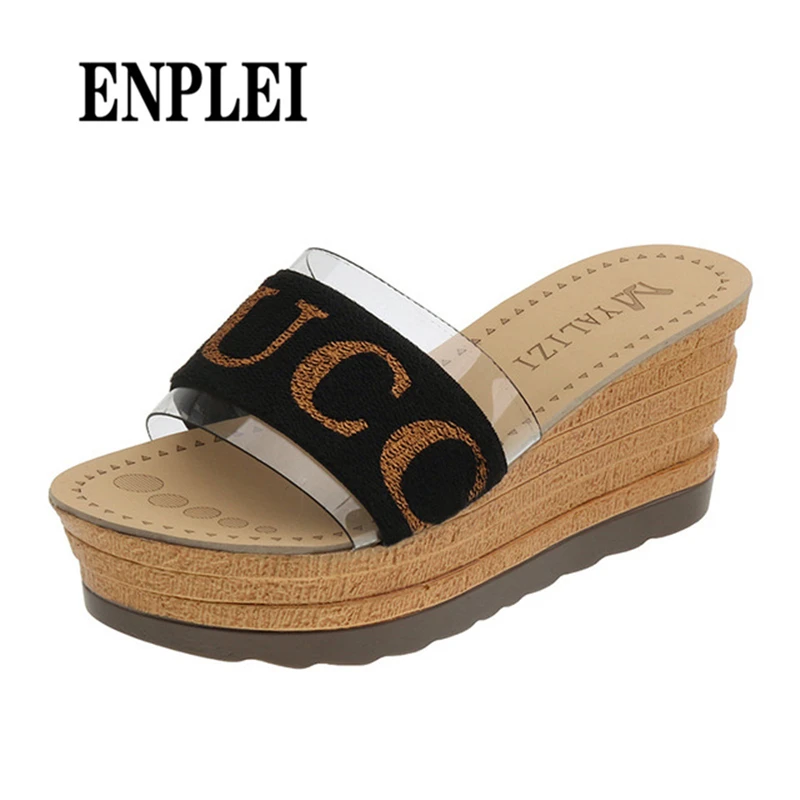 

ENPLEI Fashion Wedges Slippers 2019 Summe Hot Beach Holiday Slippers One-shouldered Platform Shoes Slippers for Women 35-39