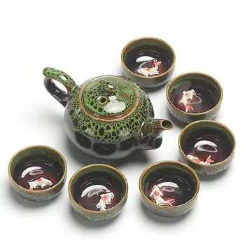 

Chinese Kung Fu Tea Set Ceramic Portable Teapot Porcelain Teaset Fish Pattern Tea Cups Of Tea Ceremony Tea Pot With 6 Pcs Cups