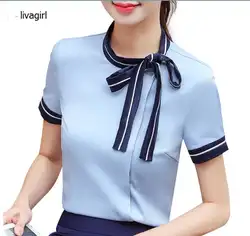 Летние Elegnt лук шифон рубашка Женщины 2019 Новая мода Тонкий темперамент блузки с коротким рукавом Офис леди большие размеры официальные Топы