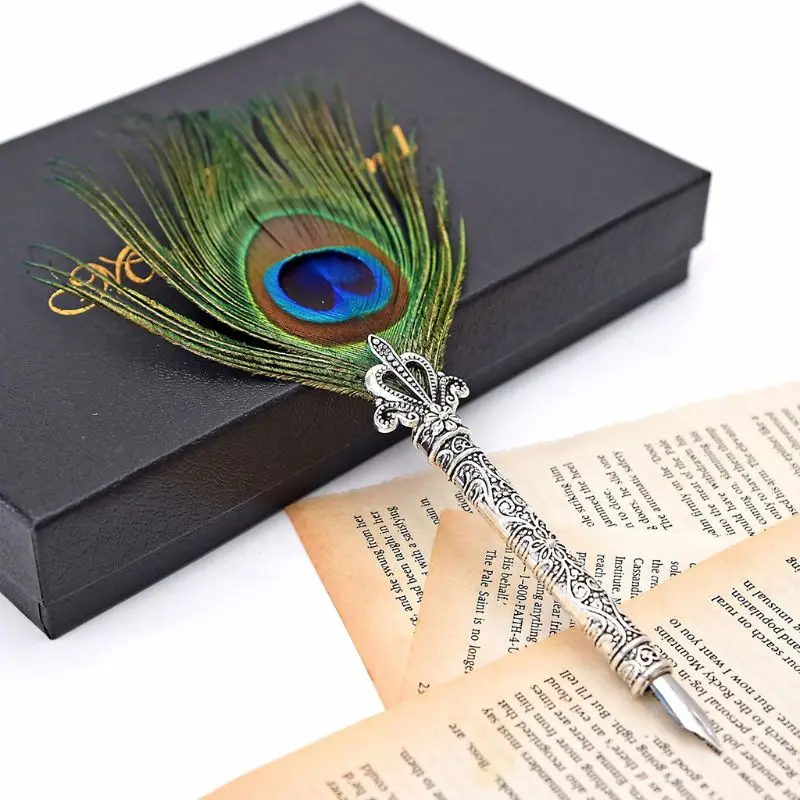 

1 Set 18.5x13.5cm Feather Vintage Handmade Peacock Feather Quill Dip Fountain Pen + Writing Ink 3 Nibs Kit Set with Gift Box