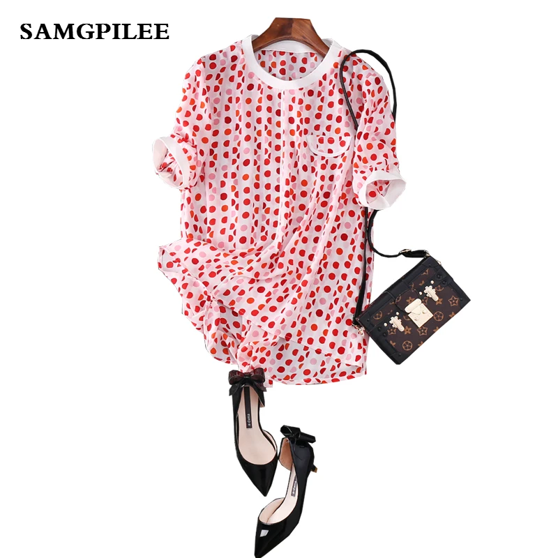 

Blusa Korean 2019 New Spring Casual Chiffon Sleeve Appliques Polka Dot O-neck Women Blouses & Shirts M-4xl