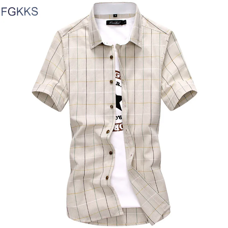 

FGKKS New Men Plaid Casual Shirts Summer Mens Fashion Comfortable Slim Fit Dress Shirts Male Short Sleeve Tuxedo Shirts