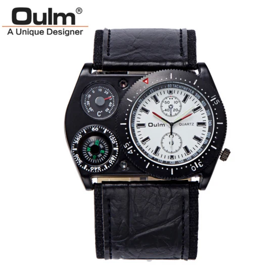 Oulm Мужские универсальные Классические наручные часы 4094 компас термометр Кожа Pu Группа Открытый кварцевые часы - Цвет: 2