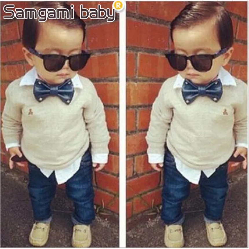 

SAMGAMI BABY 2019 Kids Gentleman Bow Tie Fake Two Piece Shirts+Handsome Jeans 2pcs High Quality Boys Boutique Clothes boy Suit