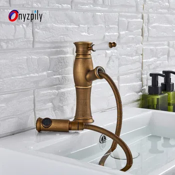 

Brass Kitchen/Basin Faucet Antique Gold Pull Out Bathroom Tap Rotating Single Porcelain Handle Single Hole Hot And Cold Water