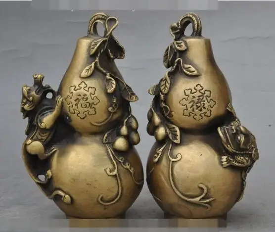 

S3707 6"marked chinese bronze pixiu beast Golden Toad money Gourd Cucurbit statue pair