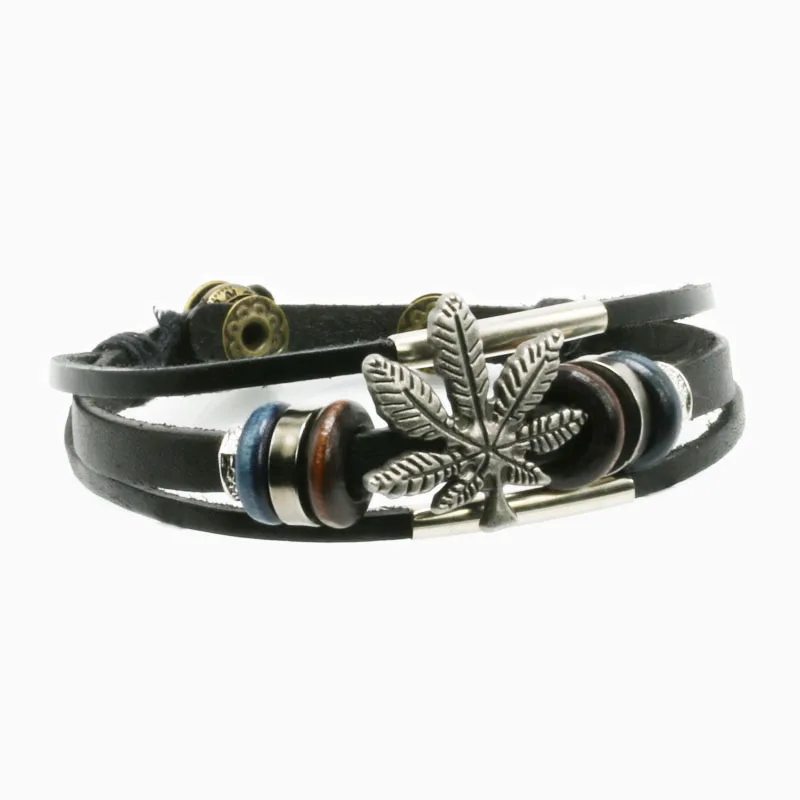 Retro Men`s Leather Bracelet Handmade Black Genuine Leather Wrap Bracelets Cannabis Marijuana Leaf Charm Punk Jewelry For Women1