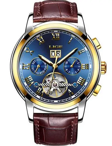 LIGE часы Для мужчин Бизнес модный топ Элитный бренд часы Военные Спортивные Водонепроницаемый механические часы Relogio Masculino - Цвет: gold blue leather
