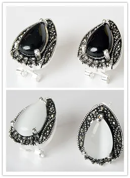 

2 choices VINTAGE 925 STERLING SILVER BLACK Natural Stone AND WHITE OPAL MARCASITE EARRINGS 15X19MM