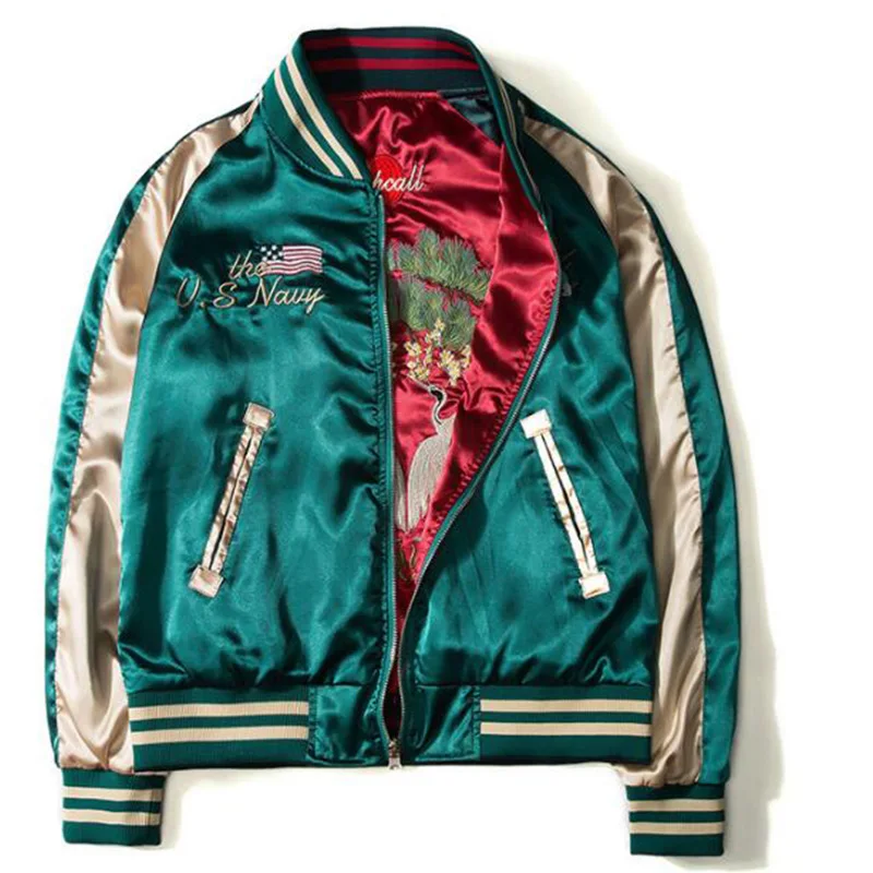 

Two Sides Luxury Embroidery Bomber Jacket Smooth Men Sukajan Yokosuka Souvenir Jacket bees Streetwear Hip Hop Baseball uniform