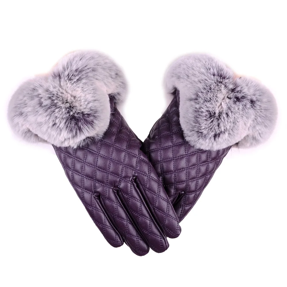 Purple Leather Winter Touch Screen Gloves Fingerless Leather Women