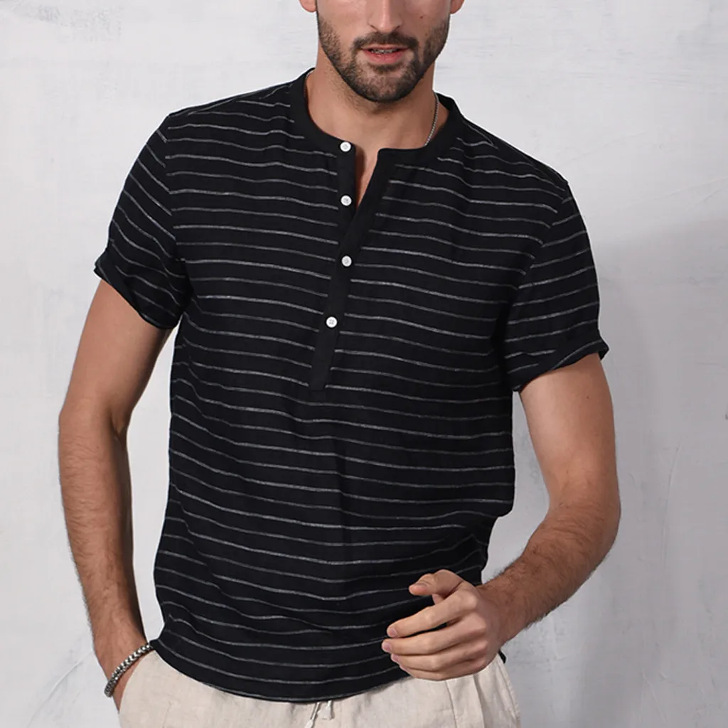 

Men Shirt Vintage Splicing Button Linen Solid Beach Summer Blouse Short Sleeve Retro Shirts Tops Shirt Men camisa masculina