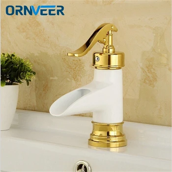 

Fancy Shape Grilled White Painted Bathroom Waterfall Faucet Gold Handle Gold Holder Brass Basin Sink Mixer Tap W025
