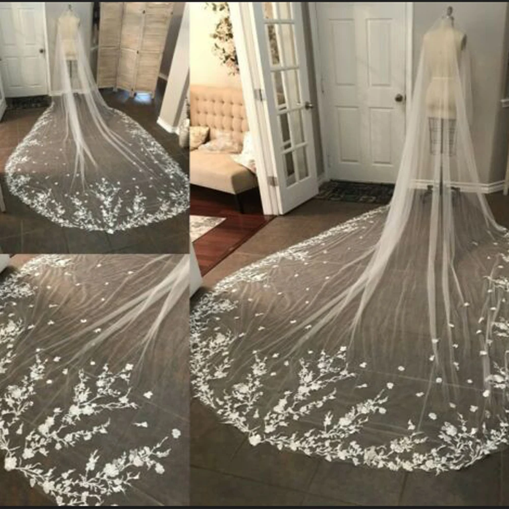 

Ivory/White Bridal Veils Lace Edge Tulle Cathedral Appliques Wedding Veils Long 2019 Flowers new Wedding Accessories 1T
