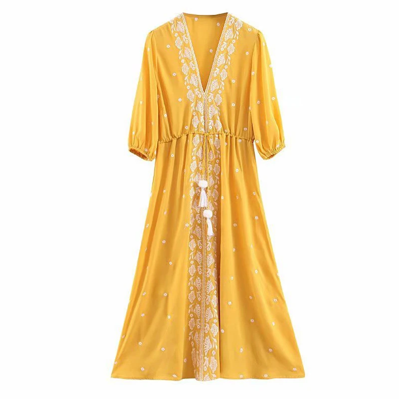 Women's Clothing Dress 2019 Yellow Embroidered Tassel Hanging Ornament Dress Ms Summer Bohemian Beach Seaside Resort Style