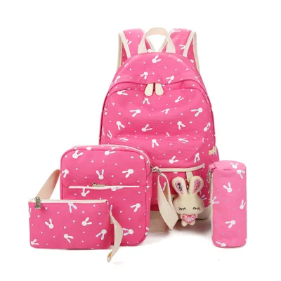 4 шт./компл. Для женщин рюкзаки с рисунком кролика школьный рюкзак из парусины школьная сумка для подростков милые девочки книжная сумка для детей - Цвет: red