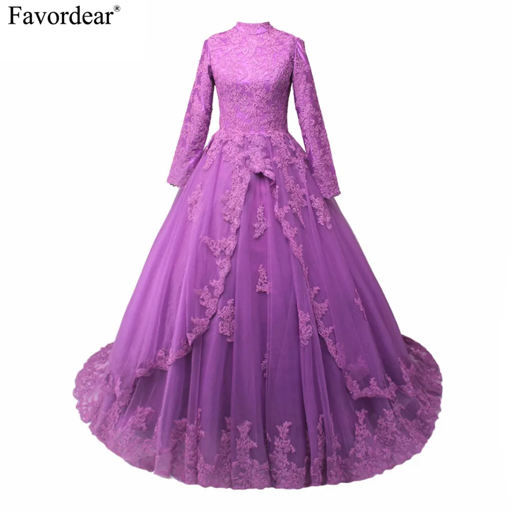 Peacock-High-Collar-Lace-Ball-Gowns-Bridal-Dress-Custom-Made-Long-Sleeve-Lace-Princess-Muslim-Wedding 