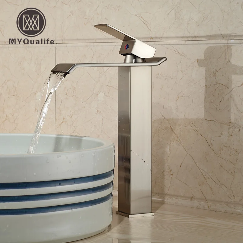 

Nickel Brushed Deck Mount Sanitary Basin Sink Faucet Waterfall Spout Mixer Water Taps Single Handle