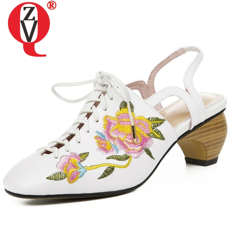 

ZVQ office lady genuine cow leather slingbacks pumps summer fashion embroider Sheepskin insole 6cm high heels woman shoes