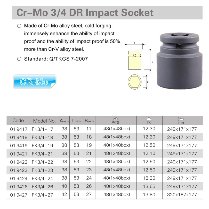 3-4 short impact socket industrial grade size 17mm-27mm