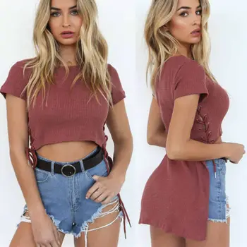 

Fashion Women Ladies Cotton Knitted Lace Up Tops Blouse Short Sleeve Bandage Slim Crop Tops Party Club Evening Summer Blouse Top