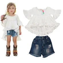 SAMGAMI BÉBÉ D’été Filles Vêtements Européen et Américain De Mode Fille Vêtements Ensemble Blanc T-shirt + jeans Deux-pièce Costume pour KidsNew