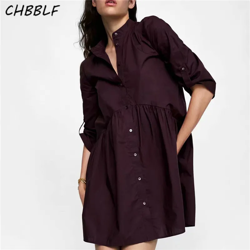 

CHBBLF women pleated mini dress three quarter sleeve stand collar female casual wear chic dresses vestidos XDB8367