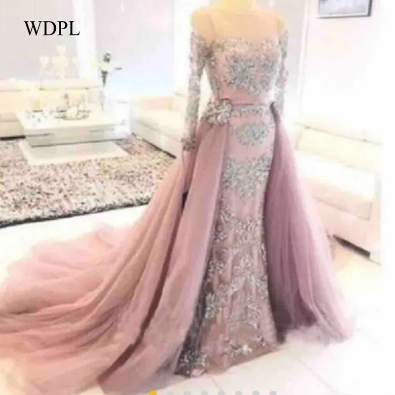 Kralen Avond Prom Jurken Roze Kant Lange Mouwen Avondjurken Kristallen Afneembare Rok Avondjurk Formele Robe De Soiree Kralen Avond Prom Jurken Roze Kant Lange Mouwen Avondjurken Kristallen Afneembare Rok Avondjurk Formele Robe De Soiree