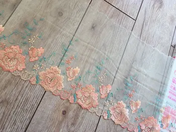 

10yards fine embroidered lace trim, mesh lace trim with peach pink peony rose, colored tulle lace trim with retro florals, embro